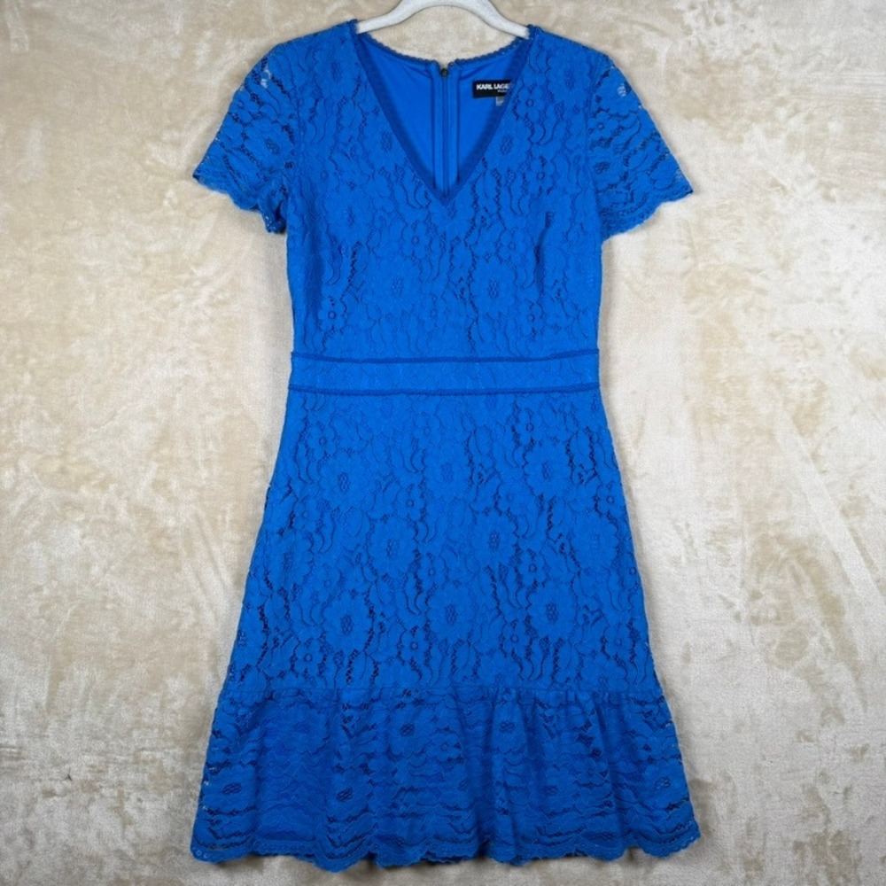 Karl Lagerfeld Paris Womens Size 4 Blue Floral Lace V-Neck Embroidered Dress